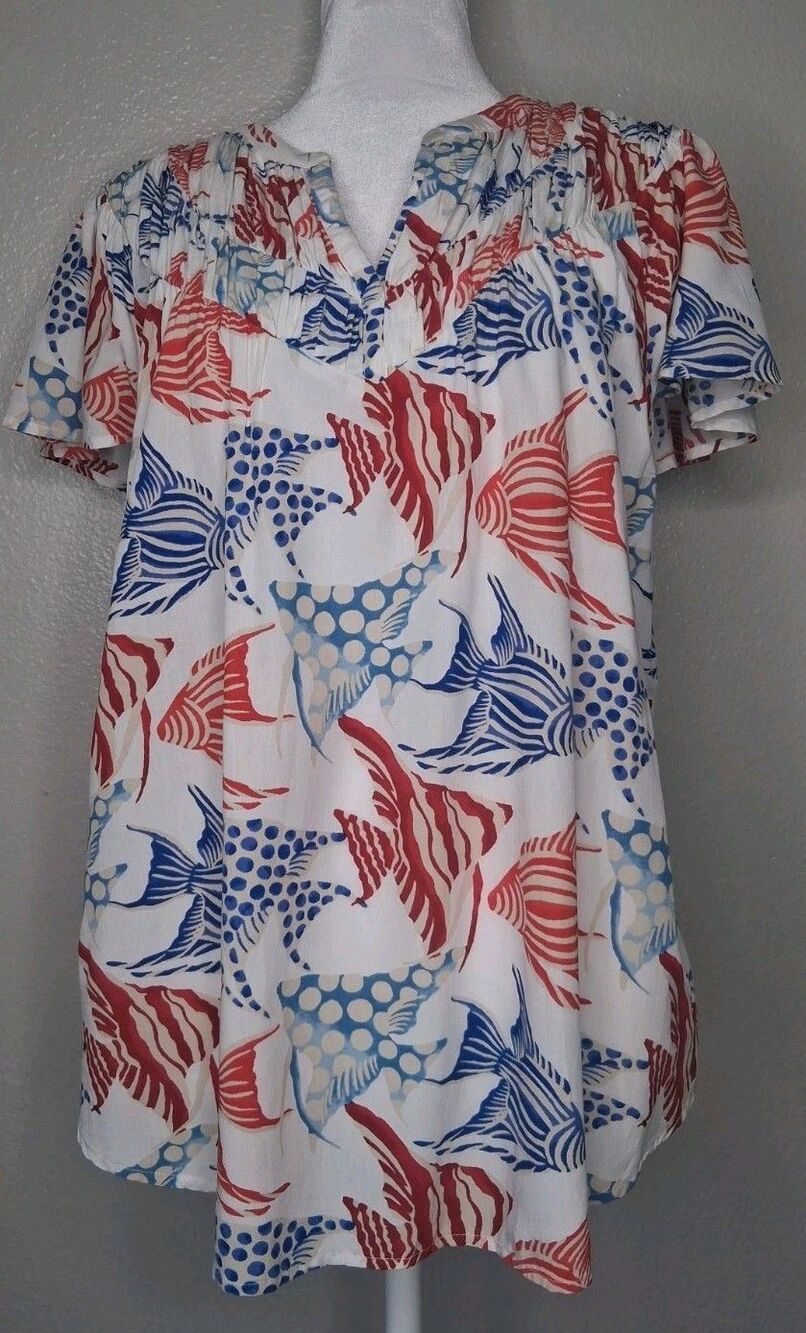 LOFT Fish Print Split Neck Ruched Flutter Sleeve Blouse Coastal Nautical Beach M